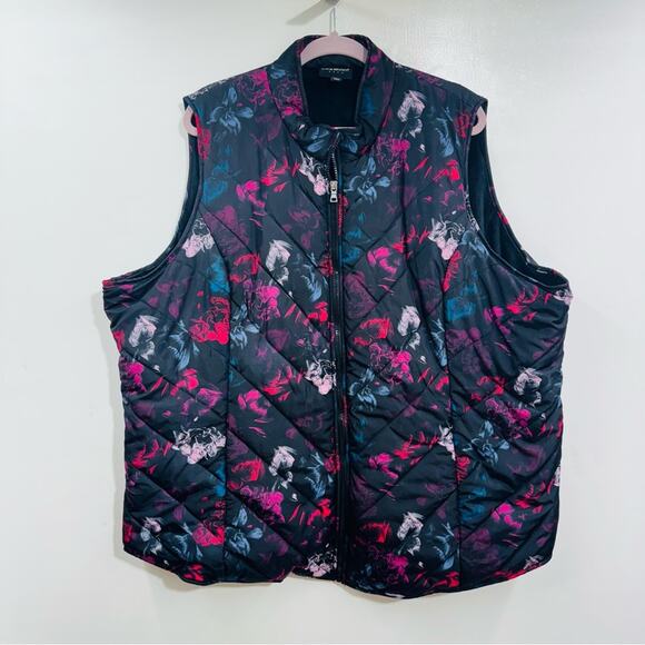 Lane Bryant Womens Puffer Vest Full Zip BLack Floral Pockets Zip Front Sz  26/28 - Picture 1 of 9